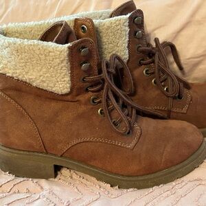 Target Brown Suede Lace-Up Ankle Boots with Sherpa Cuff
